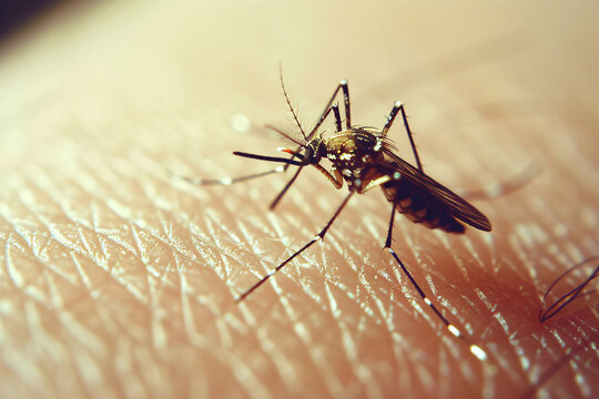 Macro photo of a mosquito sitting on someone's skin to bite them - Mosquito-Borne Diseases concept