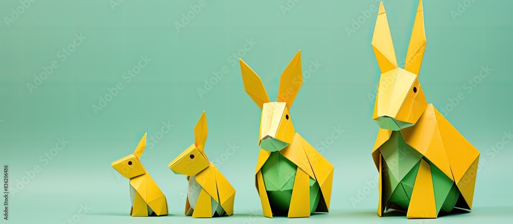 Poster step-by-step photo guide on a blue background showing an origami bunny, perfect for easter. diy conc