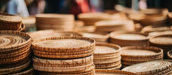Elderly hands weaving bamboo basket, with detailed focus on craftsmanship, creating a tranquil copy space image.