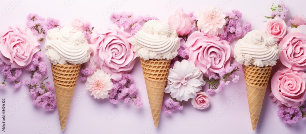 Poster minimal summer theme featuring an ice cream cone adorned with pink flowers and leaves on a vibrant p
