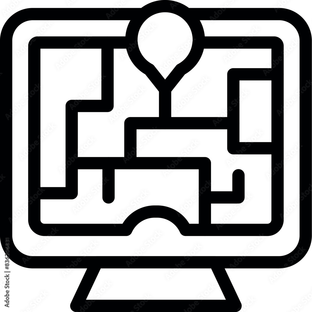 Poster a simple black and white icon illustrating a computer screen with a map and location pin