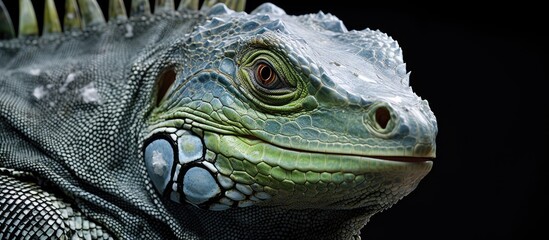 Fototapeta premium Endangered iguana basking in the sun on lush green grass with copy space image.