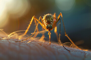 Macro photo of a mosquito sitting on someone's skin to bite them - Mosquito-Borne Diseases concept