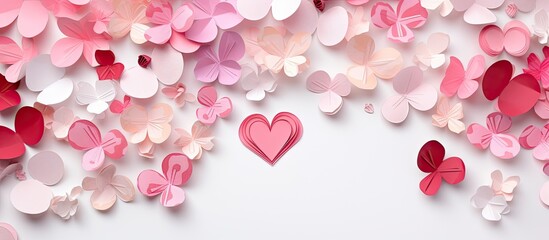 Top view image with origami tulips, chamomiles, heart motifs, and delicate confetti on a soft pink background, perfect for custom messages or promotions. Copy space image