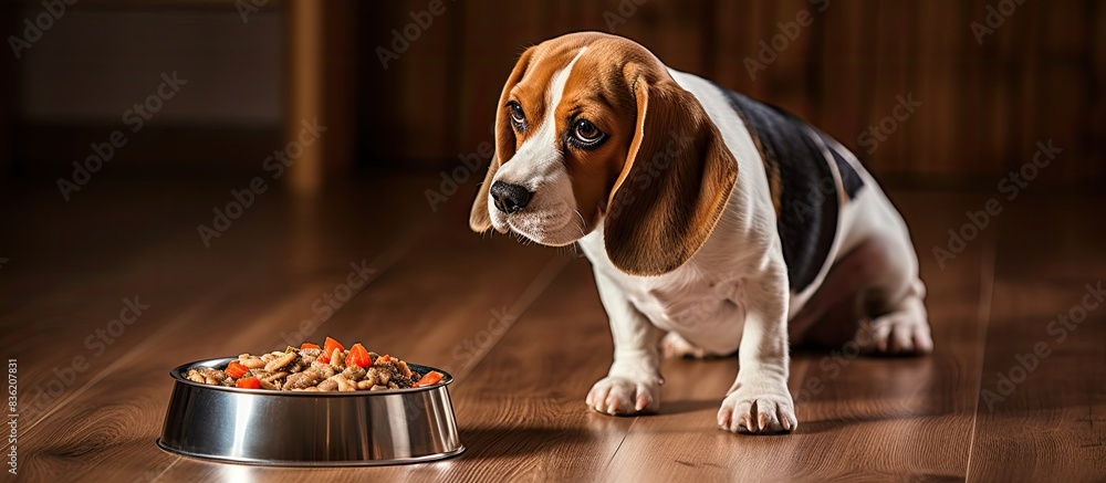 Sticker Beagle dog rests on the floor gazing at a bowl of dry food, anticipating a meal, seen from a top perspective, with copy space image.