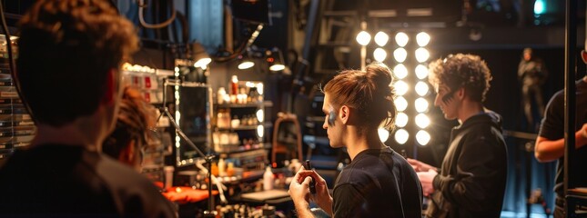 A dynamic, energetic backstage theater scene with actors getting their stage makeup done generated by AI