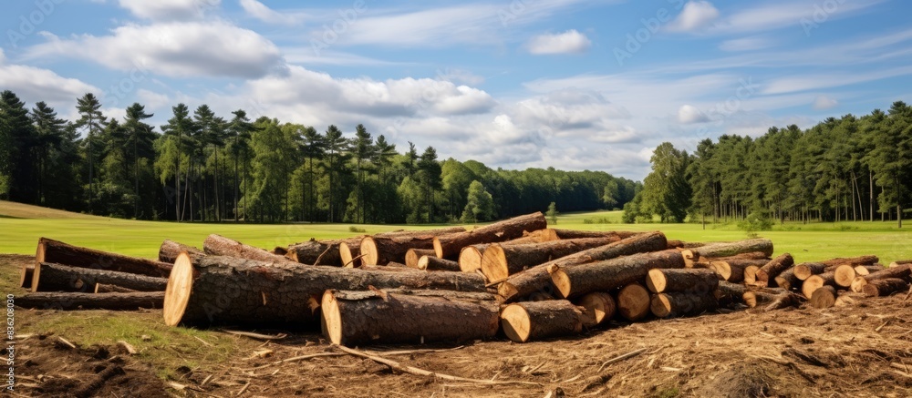 Poster a deforested landscape with a line of tree stumps in a forest, depicting illegal logging with a copy
