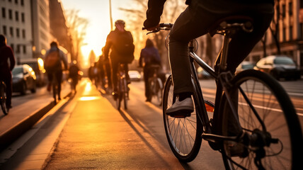 Group of cyclists riding on city street during sunset. Urban commuting and transportation concept. Design for poster, banner, header