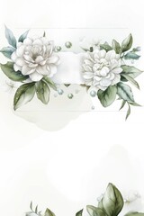 wedding card, watercolor mock-up floral shop logo, white background, white flowers and pearl.