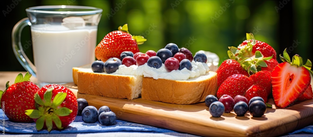 Aufkleber top view of a healthy breakfast featuring berries on toast against a white backdrop with ample copy 