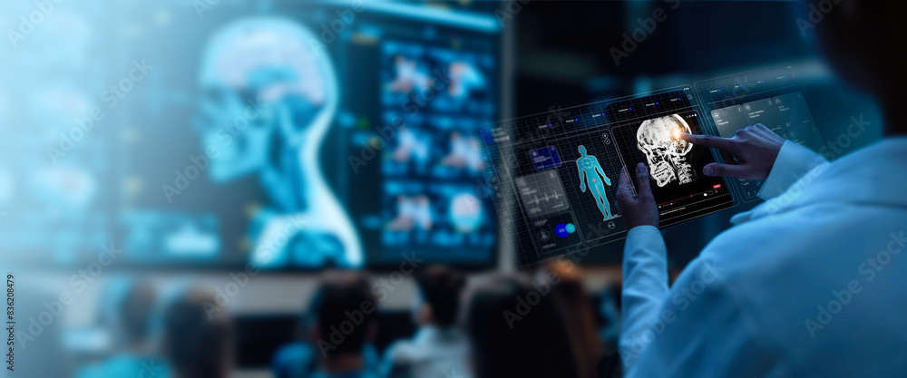Poster a group of medical professionals reviewing and analyzing detailed brain scans displayed on digital s