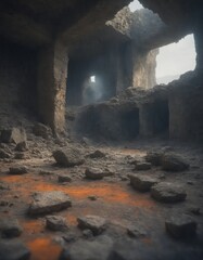 Eerie abandoned building interior with glowing floor.