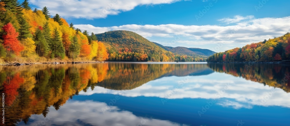 Poster autumn landscape with a lake mirroring the sky, creating a tranquil scene with copy space image.