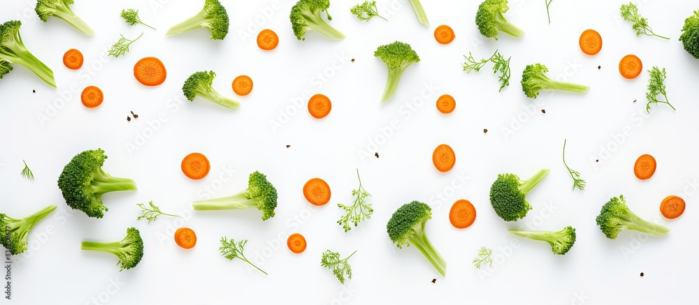 Poster a unique arrangement of carrots and broccoli in a flat lay style, creating a food-themed copy space 
