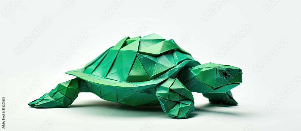 Poster origami turtle made of green paper on a white background with copy space image.