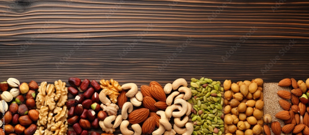 Poster top view of various nuts on a vintage black backdrop with room for text in a copy space image.