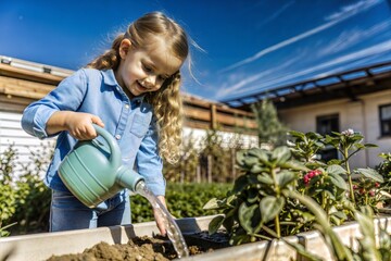 little girl watering plants in garden