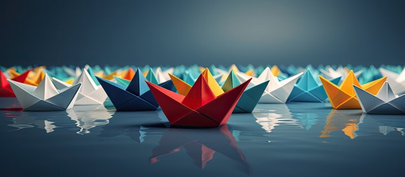 Stand out with a red paper ship on a blue background among white paper boats, highlighting your uniqueness and courage in thinking differently, like a copy space image.