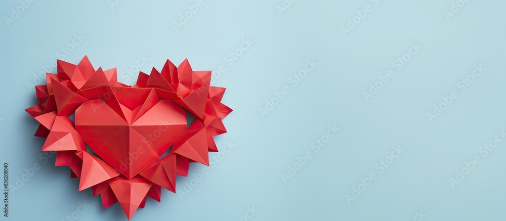 Poster top down view featuring two red origami hearts set on a white background specifically designed for v