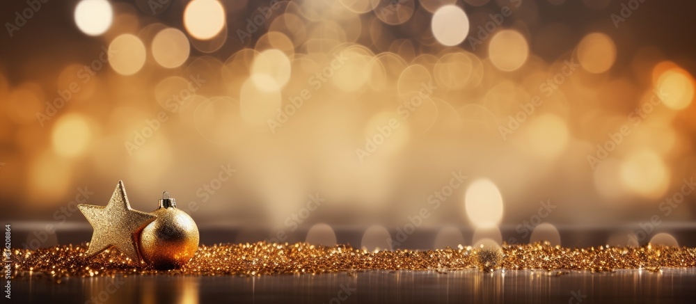 Poster festive holiday decoration adorned with lights and ornaments, with space for text or design in the b