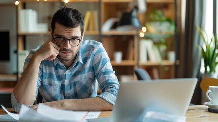 Fototapeta premium Serious Pensive Young Business Accountant Working with Laptop and Tax Documents in Office. Focused and Thoughtful Approach to Financial Management and Income Tax Preparation