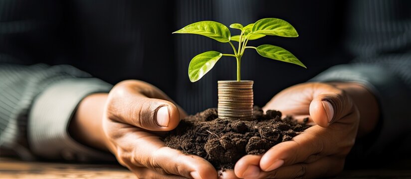 Businessman's hands grasp a pile of golden coins next to a tall tree with blurred nature backdrop in a captivating 'copy space image.'