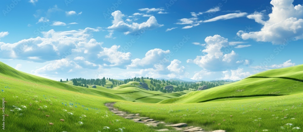 Poster a serene meadow stands alone with a blank backdrop suitable for text or graphics, providing ample co