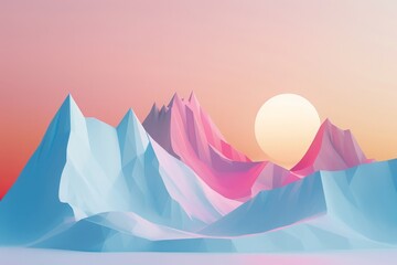 Colorful low poly mountain landscape with sunset backdrop, featuring vibrant blue and pink hues creating a serene and surreal atmosphere.