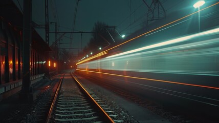 a train moving at night, with light trail, 8k uhd