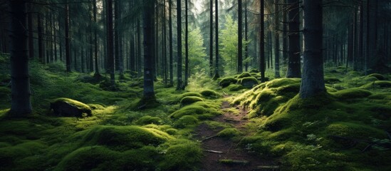 Fototapeta premium Dark forest scenery with copy space image available.