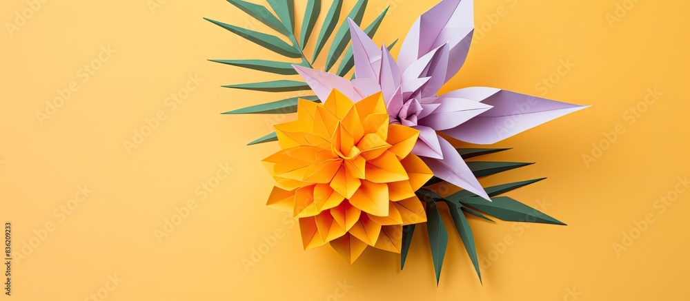 Poster an origami pineapple on a white backdrop with plenty of empty space for writing or images. copy spac