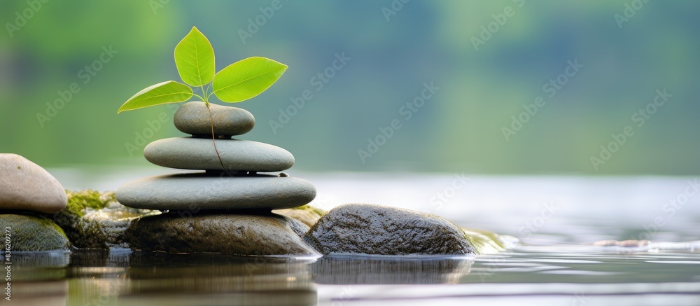 Poster serene and balanced image with smiling face cartoon and leaf on a stack of stable pebble stones. ref