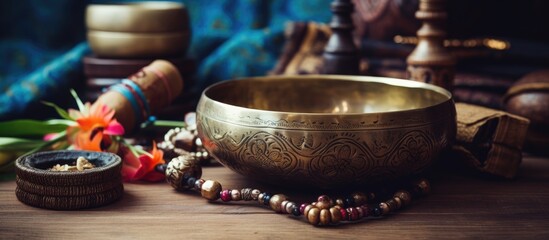 Fototapeta premium Close-up of a singing bowl with a wooden stick and Tibetan beaded rosary on a gray background, representing meditation, yoga, self-development, and sound therapy with copy space image.
