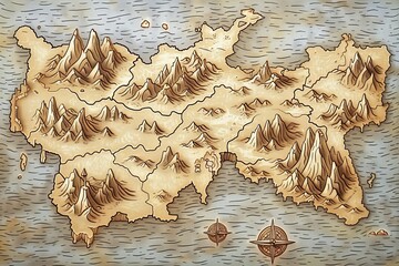 Detailed fantasy map of an imaginary world with mountains and rivers, perfect for adventure games and story settings. © CoreVisuals