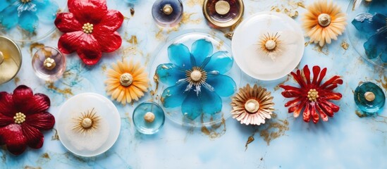 Various animal-shaped epoxy figurines handcrafted in different colors, set against a golden stained copy space image in a flat lay composition.