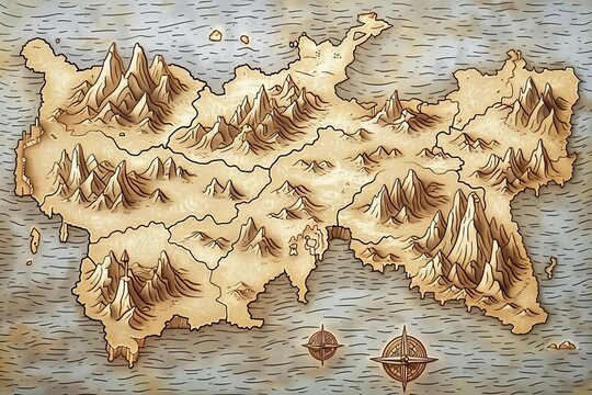Detailed fantasy map of an imaginary world with mountains and rivers, perfect for adventure games and story settings.