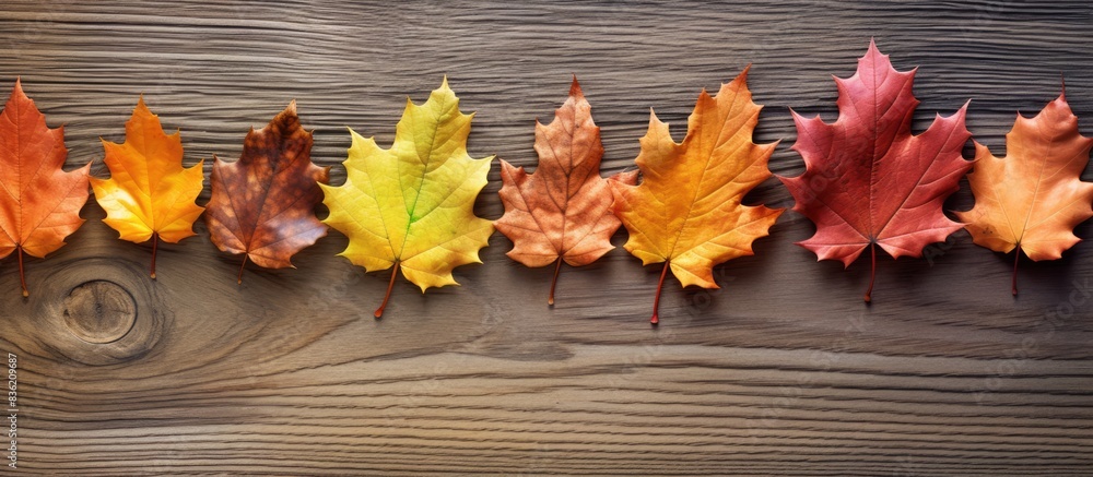 Poster autumn-themed card with heart-shaped design and assorted autumn elements on a wooden background, cre