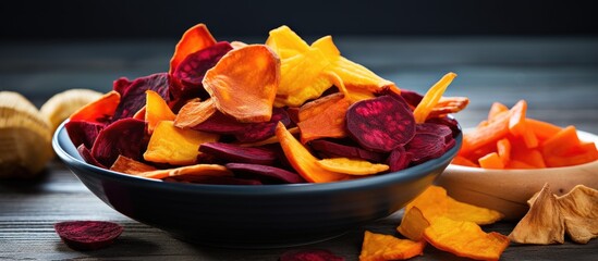 Various vegetable chips presented in a bowl, including sweet potato, beetroot, carrot, and parsnip, on a light wooden surface with a copy space image.