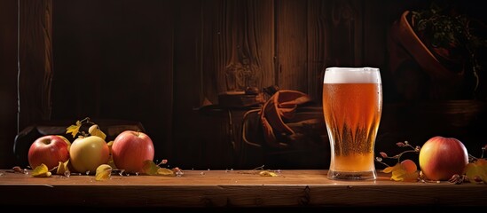 Cinematic-tone image in a traditional Irish pub with a pint glass of lager or cider on a table, focusing on the cold drink, illustrating the concept of post-work drinks with copy space image.