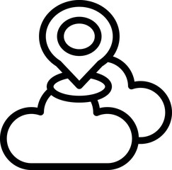 Black line art of a location pin over stylized clouds representing cloud computing