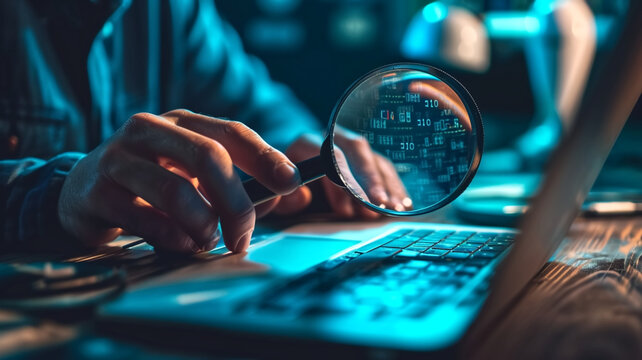 Person using magnifying glass to examine digital code on laptop keyboard in dimly lit room. Cybersecurity and data analysis concept. Design for poster, banner, header