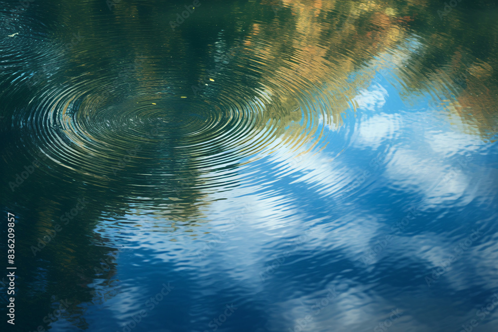 Aufkleber ripples spreading in a pond with reflections of trees and clouds on the water surface