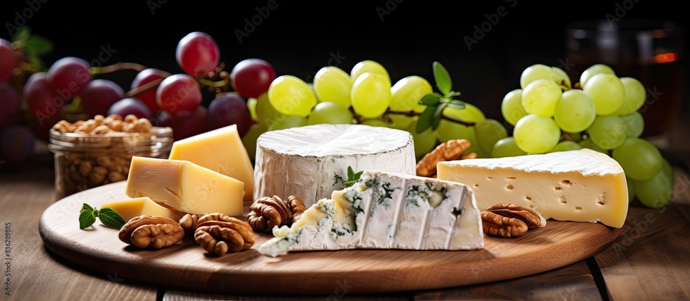 Poster top view of a cheese plate with grapes and nuts on a wooden table with copy space image.