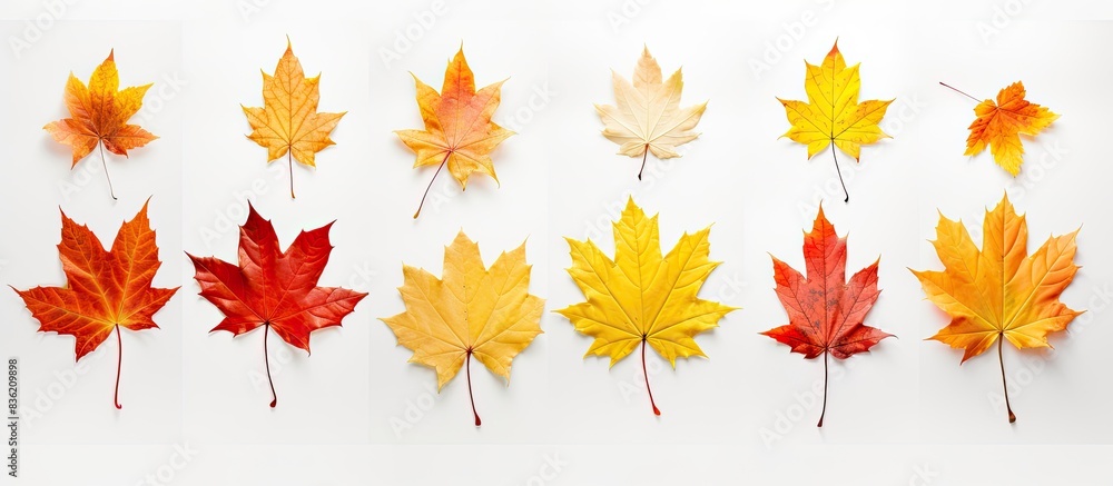 Poster maple leaves arranged on a white background with copy space image.