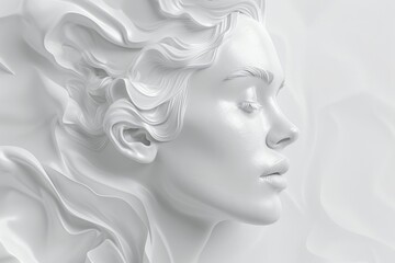 Elegant of a serene facial sculpture in pure white, highlighting intricate details and texture in an artistic manner.