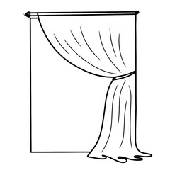 Continuous line of window with curtains. Doodle vector illustration