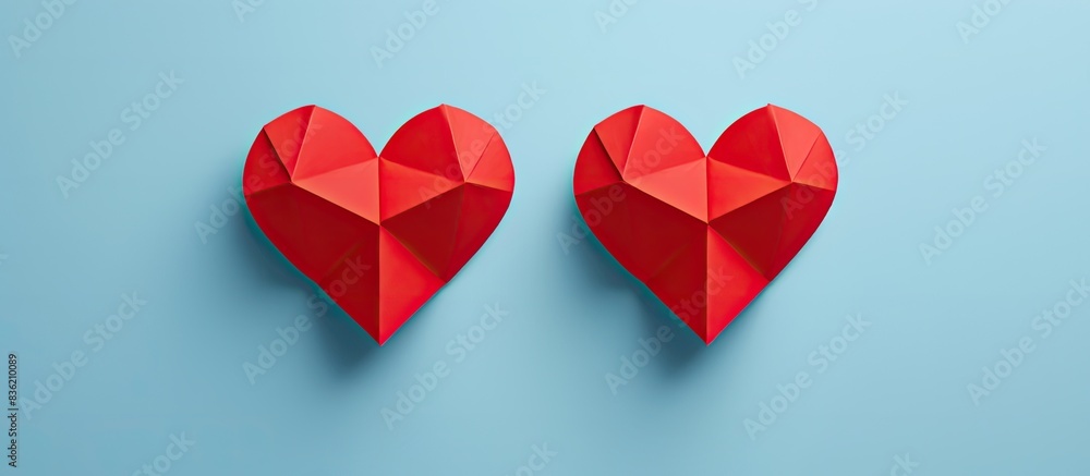 Poster top down view featuring two red origami hearts set on a white background specifically designed for v