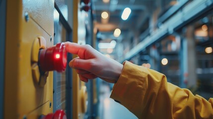 Close-up of a hand pressing a red button in an industrial environment, emphasizing safety and control in manufacturing. - Powered by Adobe
