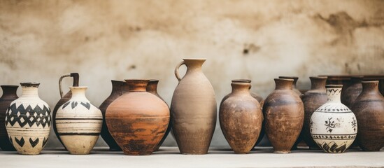 An ancient ceramic amphora and clay jugs are displayed against a white backdrop, creating a vintage set of vessels for wine, water, or milk with a copy space image.
