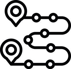Black and white vector illustration of a route map with location markers